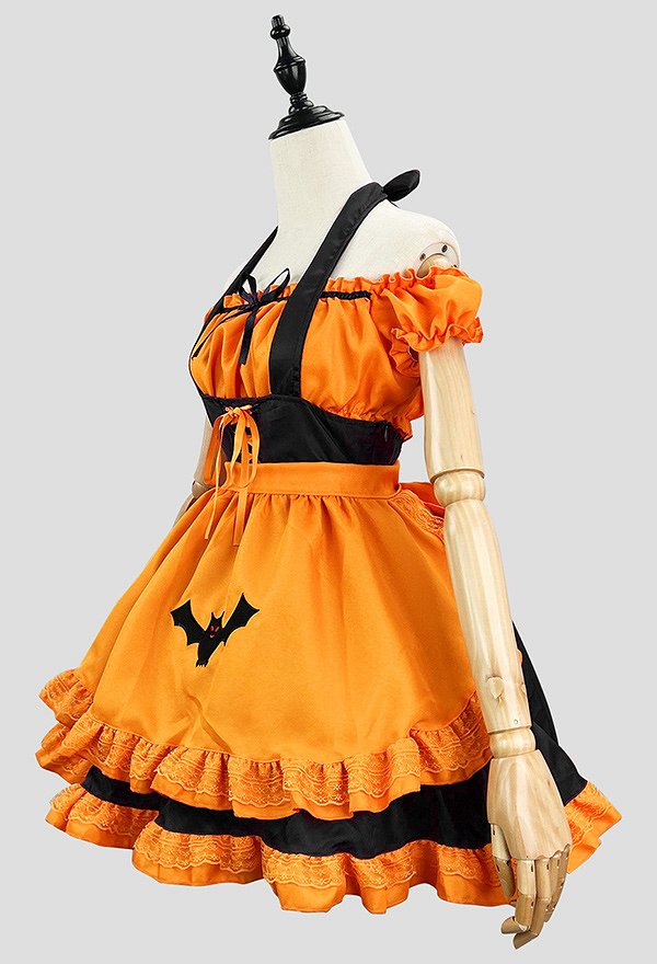 Women Halloween Maid Costume Gothic Embroidered Bat Style Top and Suspender Skirt with Apron and Headband