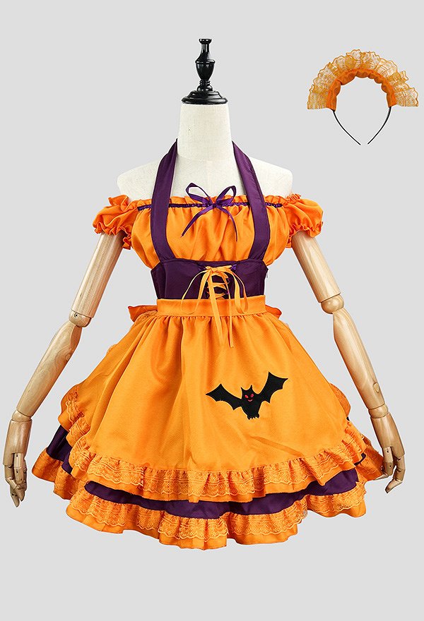Women Halloween Maid Costume Gothic Embroidered Bat Style Top and Suspender Skirt with Apron and Headband