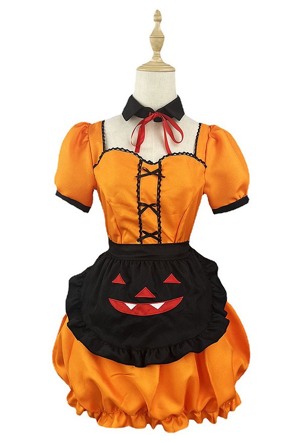 Women Kawaii Halloween Maid Costume Gothic Dress and Collar with Apron and Headband