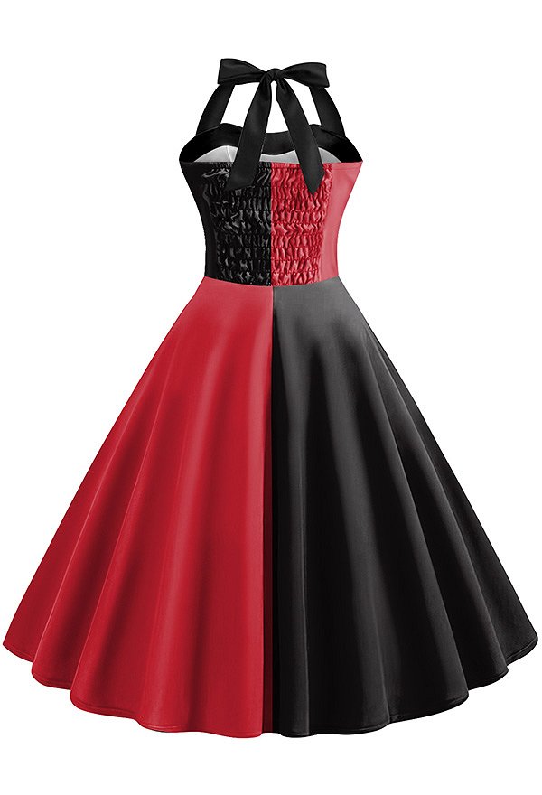Robe de Soirée Clown Halloween pour Femmes Robe à Bretelles Sans Manches Licou Rouge Noir