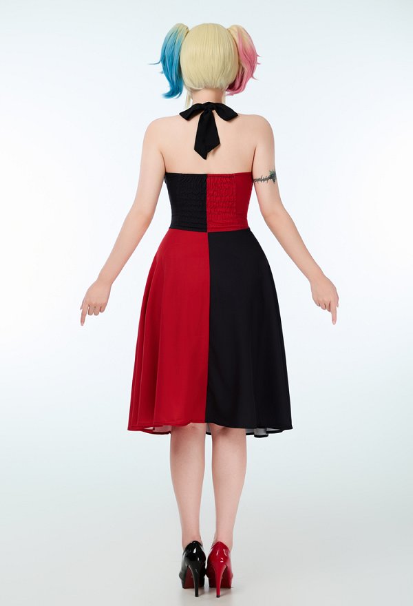Robe de Soirée Clown Halloween pour Femmes Robe à Bretelles Sans Manches Licou Rouge Noir