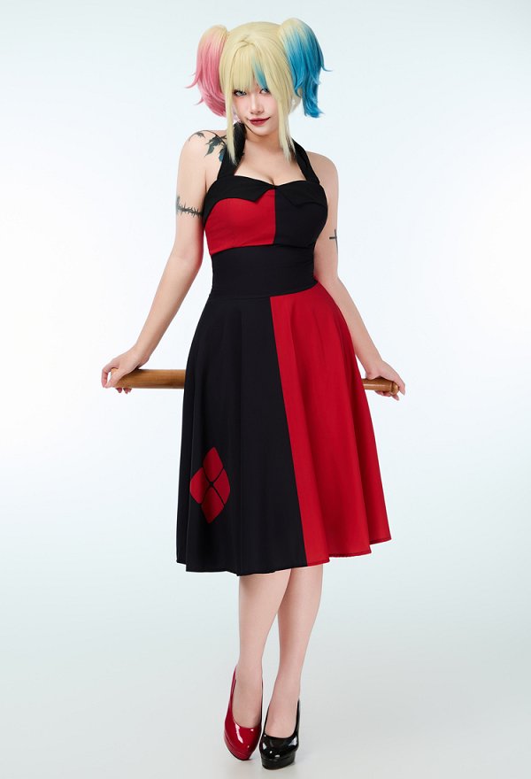 Robe de Soirée Clown Halloween pour Femmes Robe à Bretelles Sans Manches Licou Rouge Noir