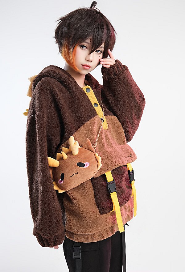 Zhongli Derivative Kawaii Hoodie Fleece Hooded Coat with Crossbody Bag