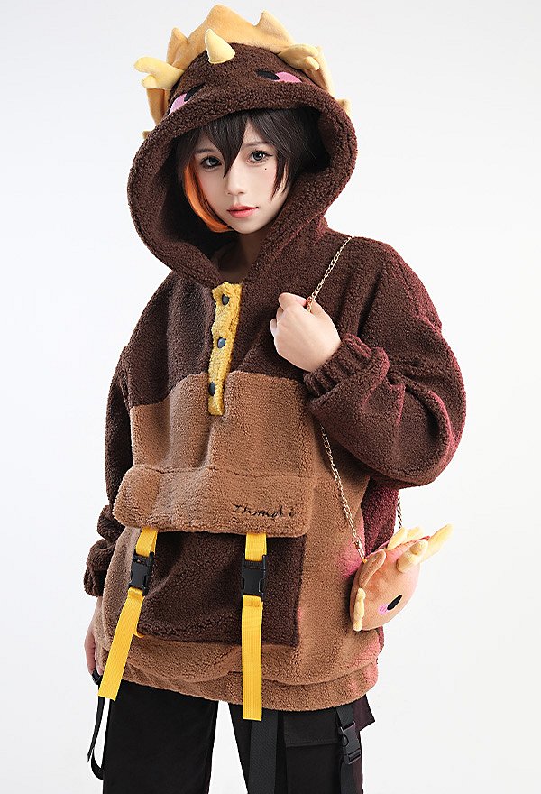 Zhongli Derivative Kawaii Hoodie Fleece Hooded Coat with Crossbody Bag