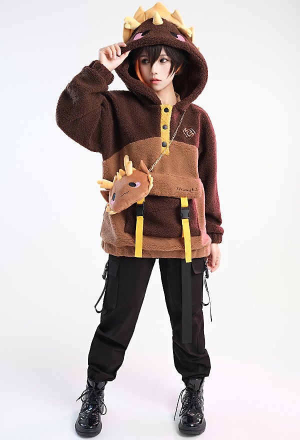 Zhongli Derivative Kawaii Hoodie Fleece Hooded Coat with Crossbody Bag