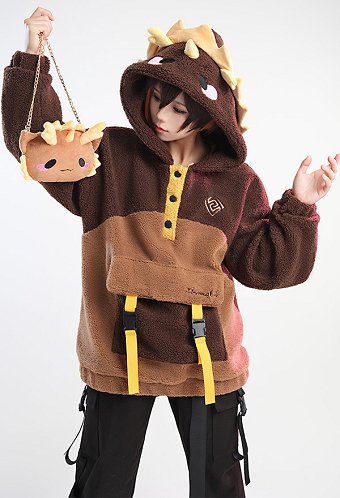 Zhongli Derivative Kawaii Hoodie Fleece Hooded Coat with Crossbody Bag