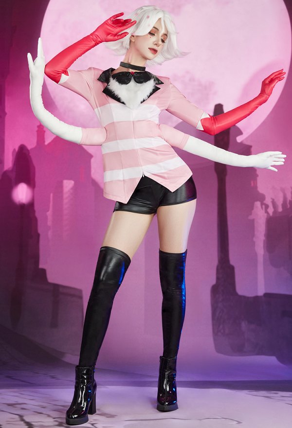 Hell Hotel Angel Dust Cosplay Costume Top and Pants with Gloves and Choker Hell Hotel Angel Dust Cosplay Costume Top and Pants with Gloves and Choker