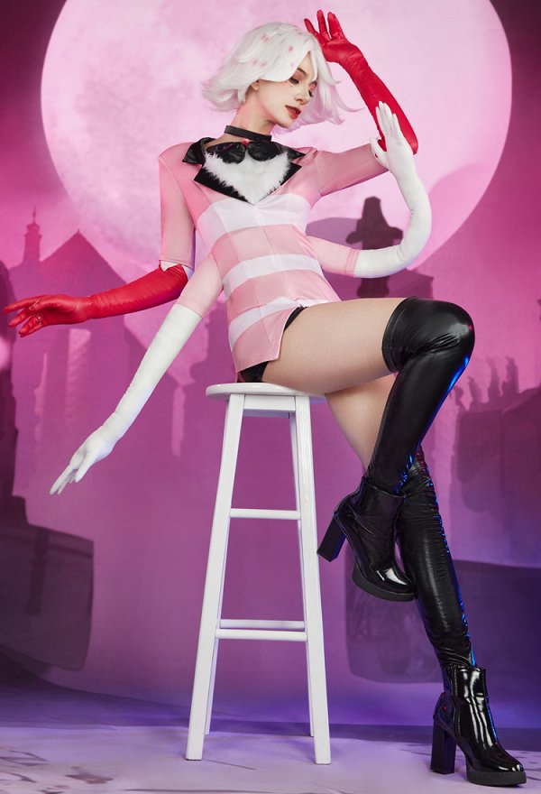 Hell Hotel Angel Dust Cosplay Costume Top and Pants with Gloves and Choker Hell Hotel Angel Dust Cosplay Costume Top and Pants with Gloves and Choker