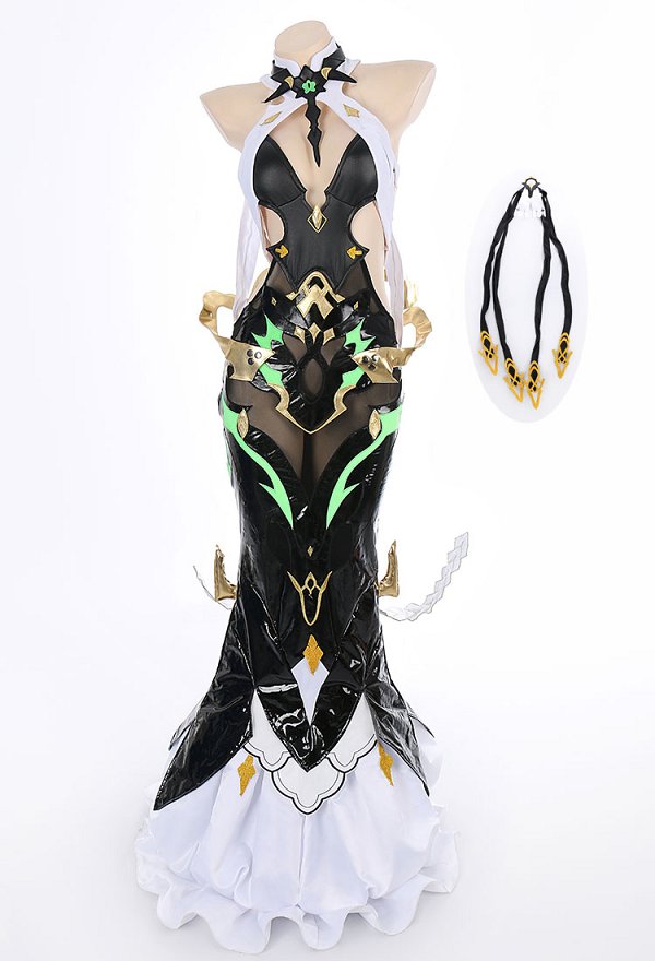 Honkai Impact 3rd Mobius Cosplay Costume Backless Fishtail Dress and Apron with Gloves and Mask