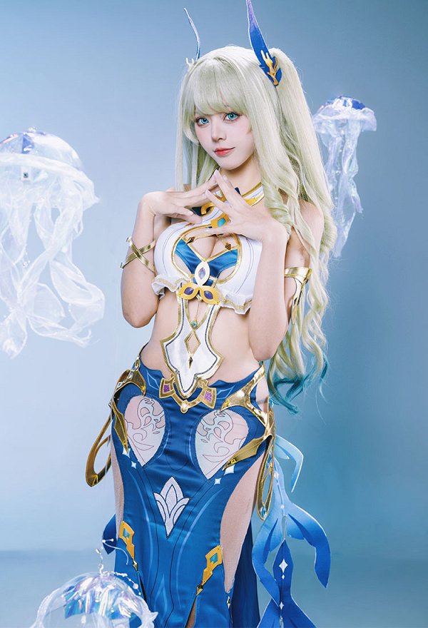 Honkai Impact 3 Mobius Cosplay Costume Halter Top and Skirt with Arm Ring and Head Accessory