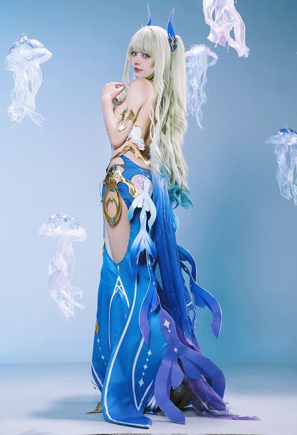 Honkai Impact 3 Mobius Cosplay Costume Halter Top and Skirt with Arm Ring and Head Accessory