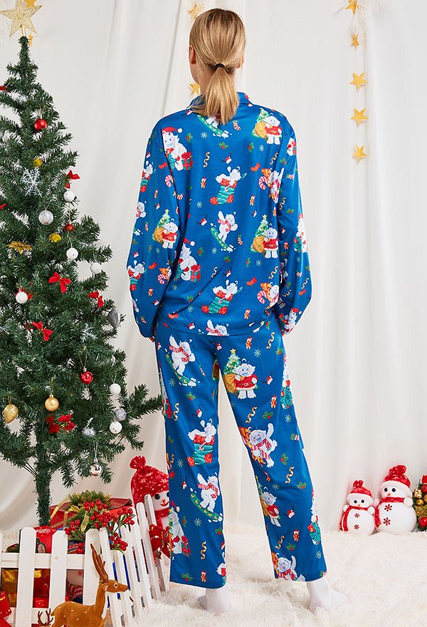 Christmas Women Adults Blue Snowmen Pattern Long Sleeve Plain-Weave Pajamas Set Sleepwear Lounge Sets with Pants Costume 2 Piece Outfits