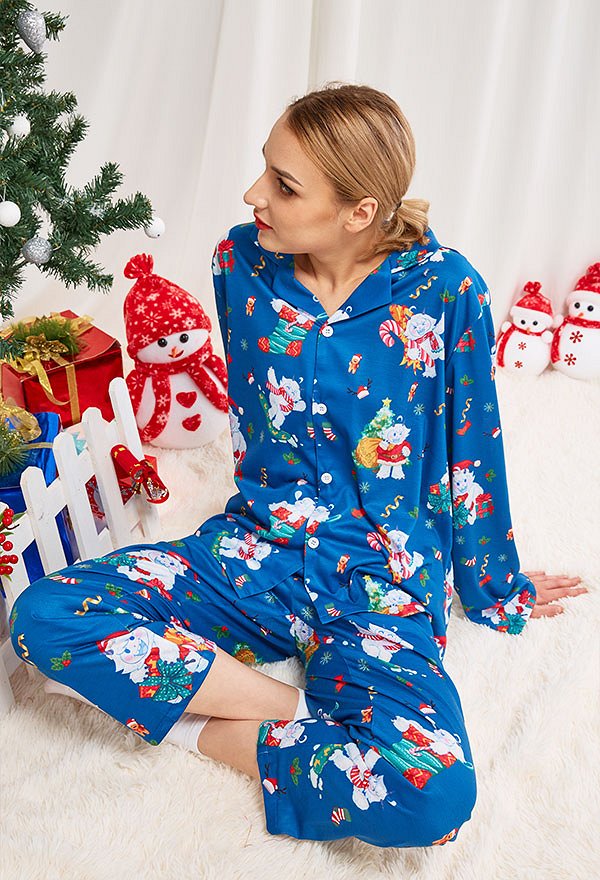 Christmas Women Adults Blue Snowmen Pattern Long Sleeve Plain-Weave Pajamas Set Sleepwear Lounge Sets with Pants Costume 2 Piece Outfits