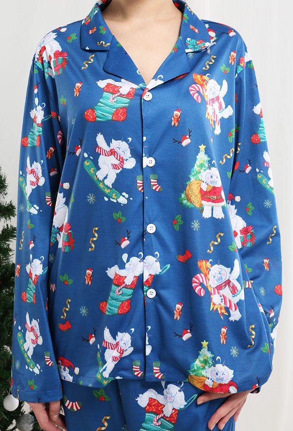 Christmas Women Adults Blue Snowmen Pattern Long Sleeve Plain-Weave Pajamas Set Sleepwear Lounge Sets with Pants Costume 2 Piece Outfits