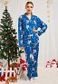 Christmas Women Adults Blue Snowmen Pattern Long Sleeve Plain-Weave Pajamas Set Sleepwear Lounge Sets with Pants Costume 2 Piece Outfits