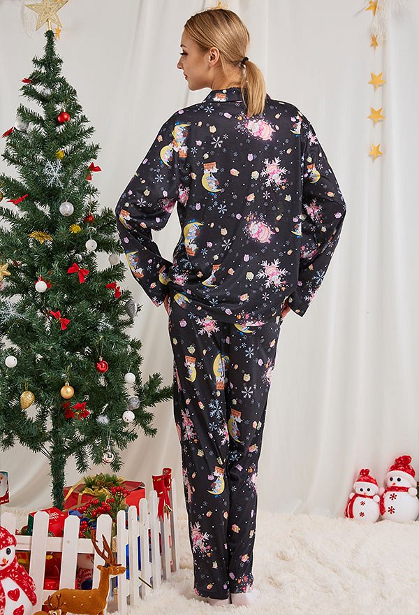 Christmas Women Adults Moon Night and JK Santa Claus Pattern Long Sleeve Plain-Weave Pajamas Set Sleepwear Lounge Sets with Pants Costume 2 Piece Outfits
