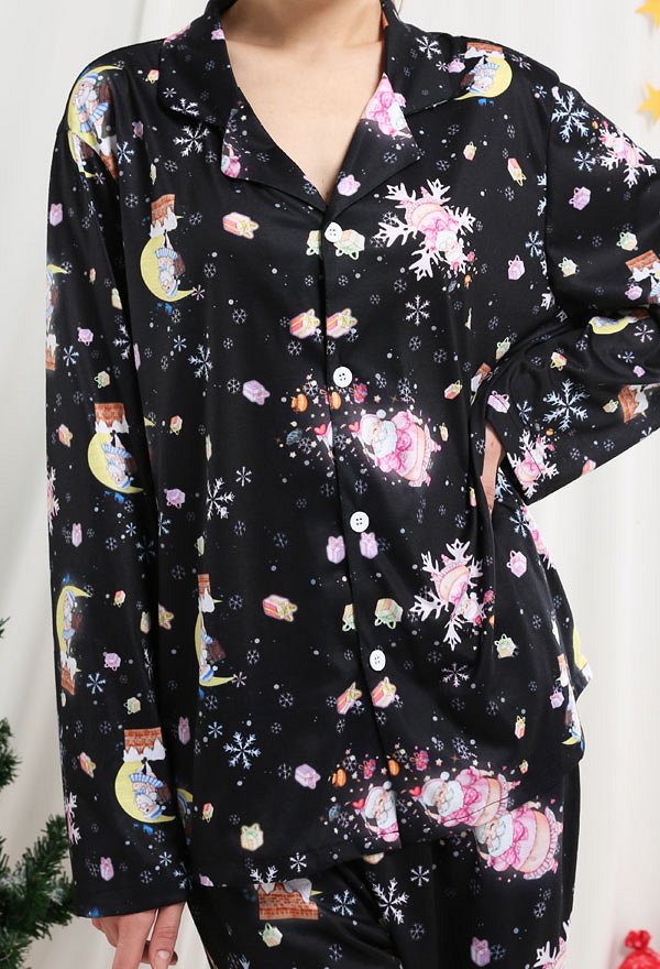 Christmas Women Adults Moon Night and JK Santa Claus Pattern Long Sleeve Plain-Weave Pajamas Set Sleepwear Lounge Sets with Pants Costume 2 Piece Outfits