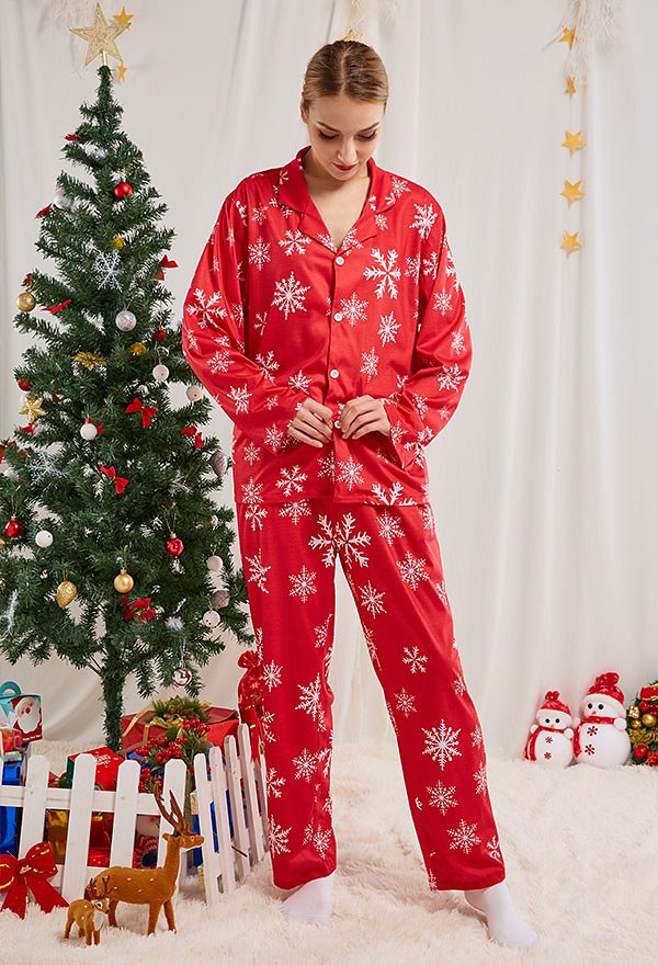Christmas Women Adults Red Snow Pattern Long Sleeve Plain-Weave Pajamas Set Sleepwear Lounge Sets with Pants Costume 2 Piece Outfits