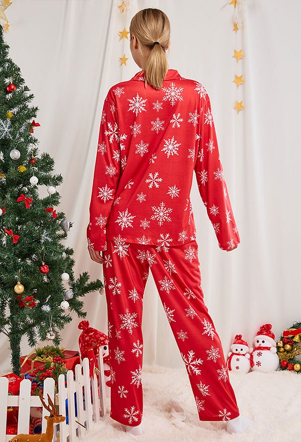 Christmas Women Adults Red Snow Pattern Long Sleeve Plain-Weave Pajamas Set Sleepwear Lounge Sets with Pants Costume 2 Piece Outfits