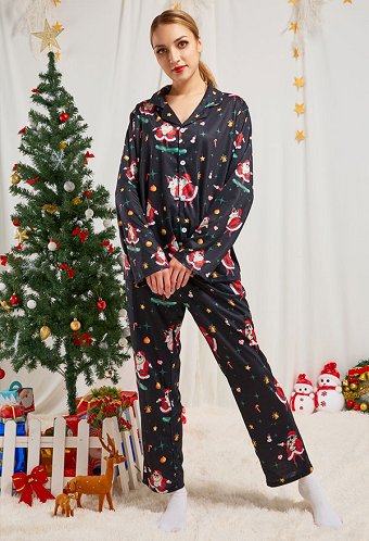 Christmas Women Adults Cartoon Singing and Sledding Santa Claus Pattern Long Sleeve Plain-Weave Pajamas Set Sleepwear Lounge Sets with Pants Costume 2 Piece Outfits