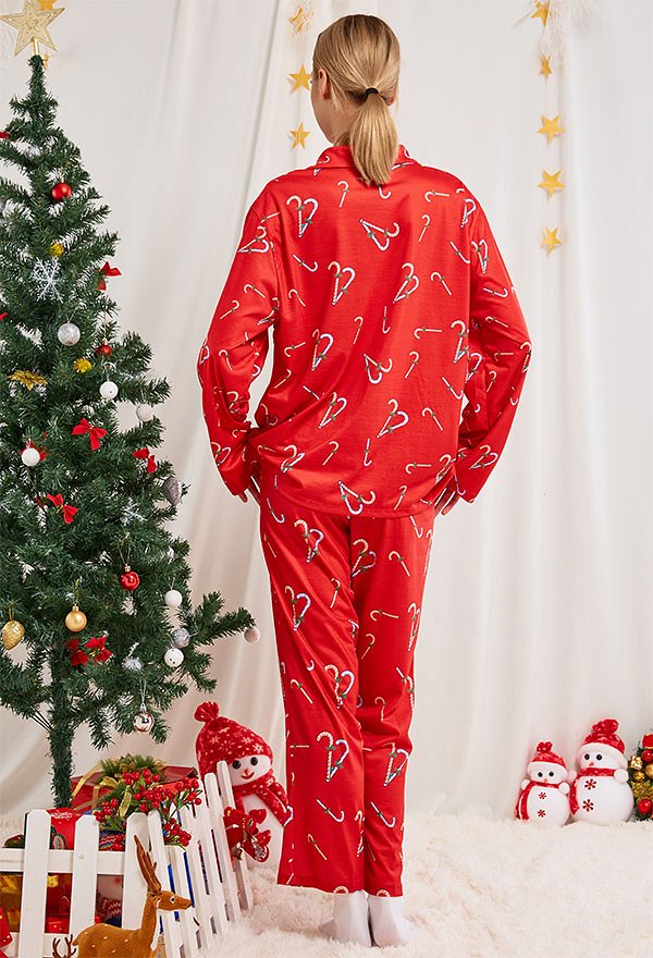Christmas Women Adults Cartoon Walking Stick Pattern Long Sleeve Plain-Weave Pajamas Set Sleepwear Lounge Sets with Pants Costume 2 Piece Outfits
