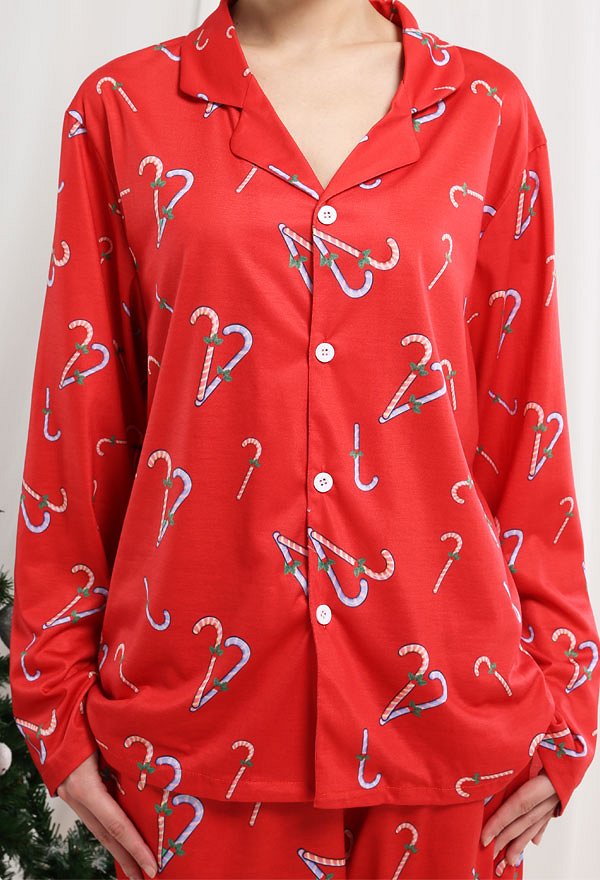 Christmas Women Adults Cartoon Walking Stick Pattern Long Sleeve Plain-Weave Pajamas Set Sleepwear Lounge Sets with Pants Costume 2 Piece Outfits
