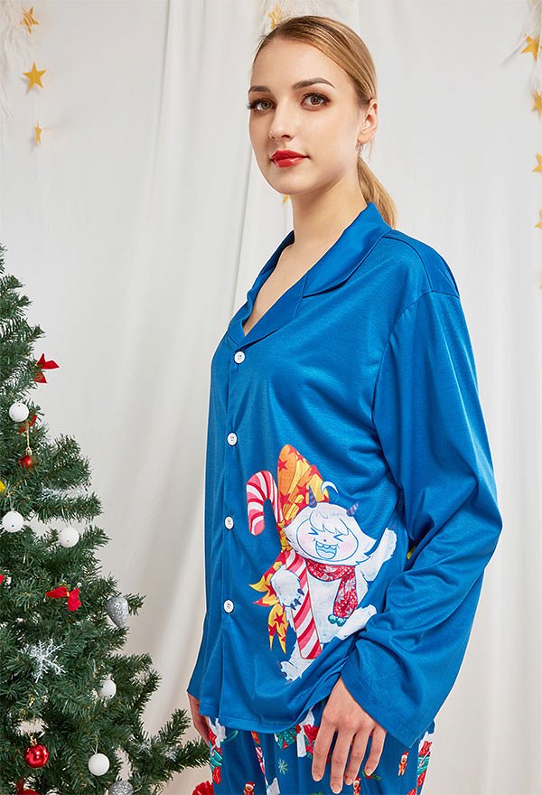 Christmas Women Adults Cartoon Snowmen with Walking Stick Pattern Long Sleeve Plain-Weave Pajamas Set Sleepwear Lounge Sets with Pants Costume 2 Piece Outfits