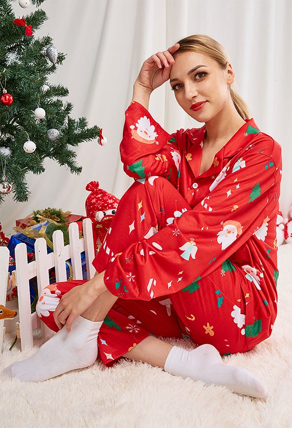 Christmas Women Adults Cartoon Angel and Santa Claus Pattern Long Sleeve Plain-Weave Pajamas Set Sleepwear Lounge Sets with Pants Costume 2 Piece Outfits