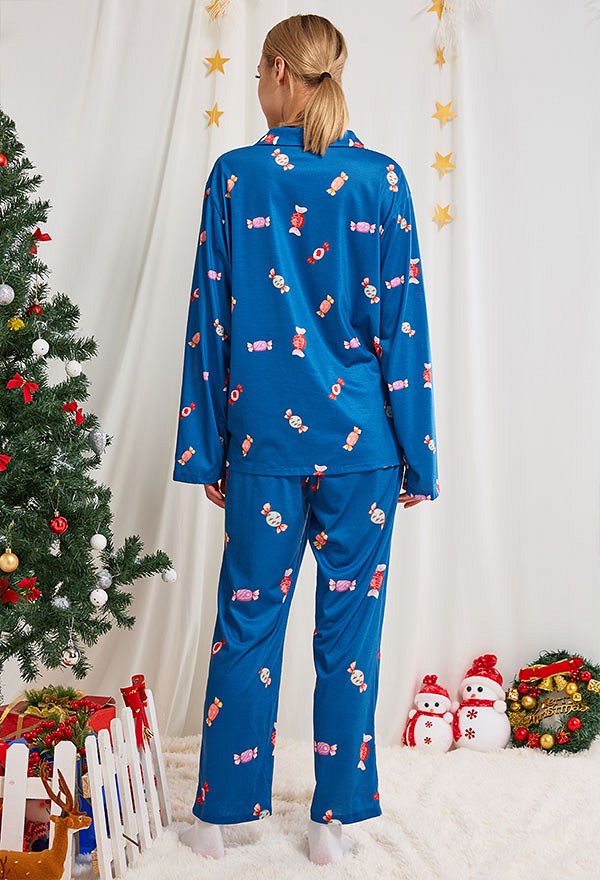 Christmas Women Adults Cartoon Candy Pattern Long Sleeve Plain-Weave Pajamas Set Sleepwear Lounge Sets with Pants Costume 2 Piece Outfits