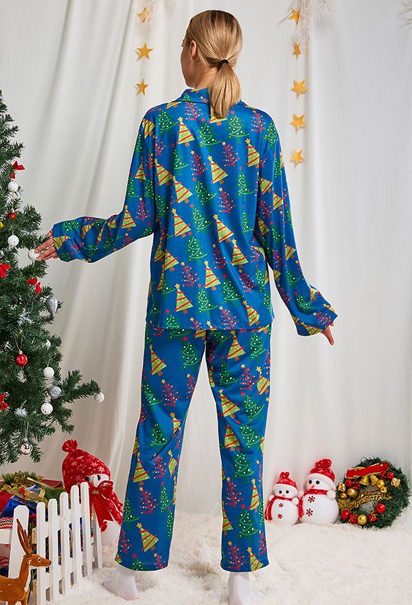 Christmas Women Adults Cartoon Christmas Tree Pattern Long Sleeve Plain-Weave Pajamas Set Sleepwear Lounge Sets with Pants Costume 2 Piece Outfits