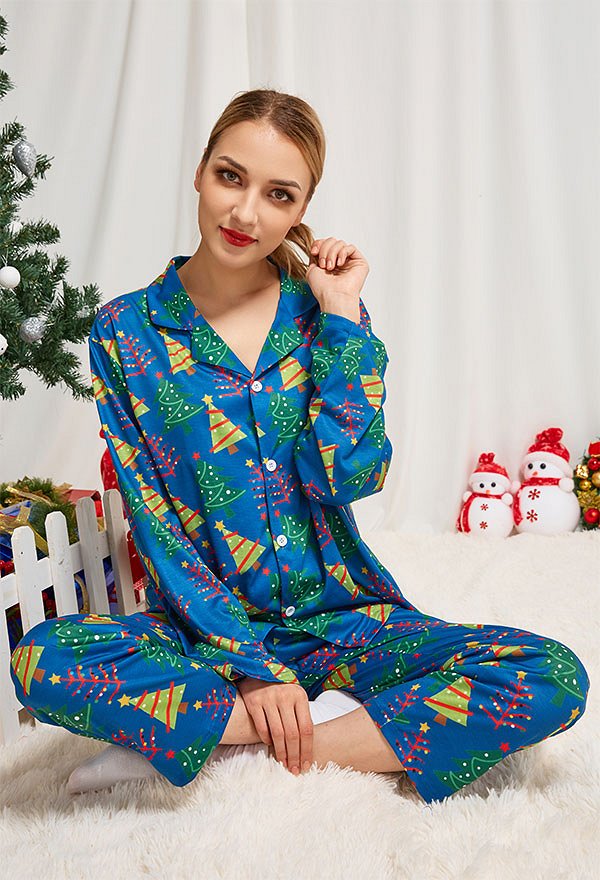 Christmas Women Adults Cartoon Christmas Tree Pattern Long Sleeve Plain-Weave Pajamas Set Sleepwear Lounge Sets with Pants Costume 2 Piece Outfits