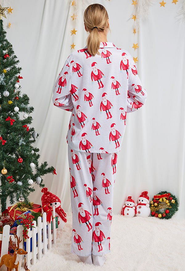 Christmas Women Adults Cartoon Santa Claus Pattern Long Sleeve Plain-Weave Pajamas Set Sleepwear Lounge Sets with Pants Costume 2 Piece Outfits