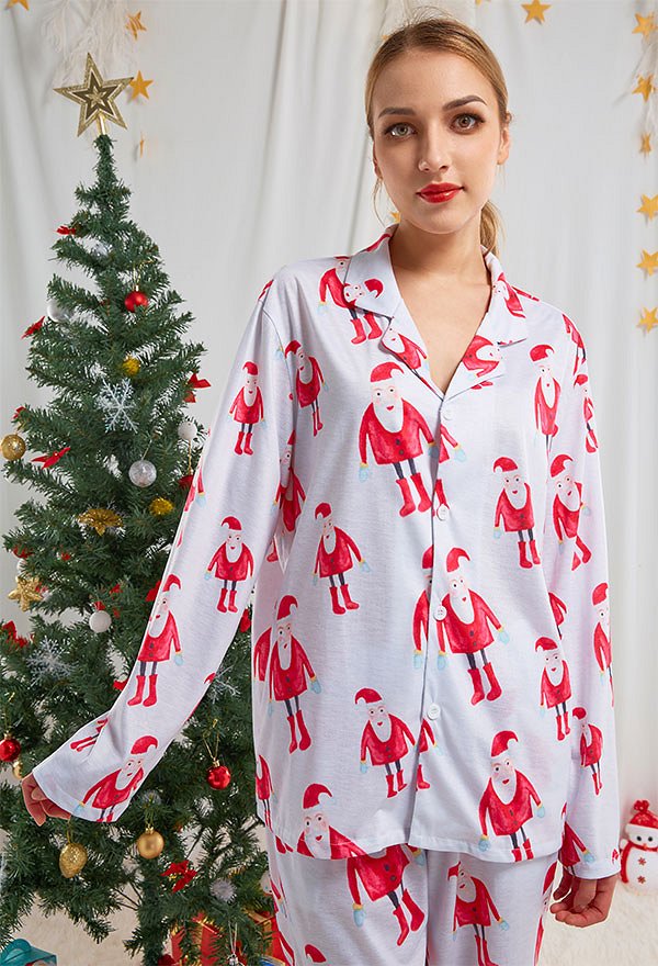 Christmas Women Adults Cartoon Santa Claus Pattern Long Sleeve Plain-Weave Pajamas Set Sleepwear Lounge Sets with Pants Costume 2 Piece Outfits