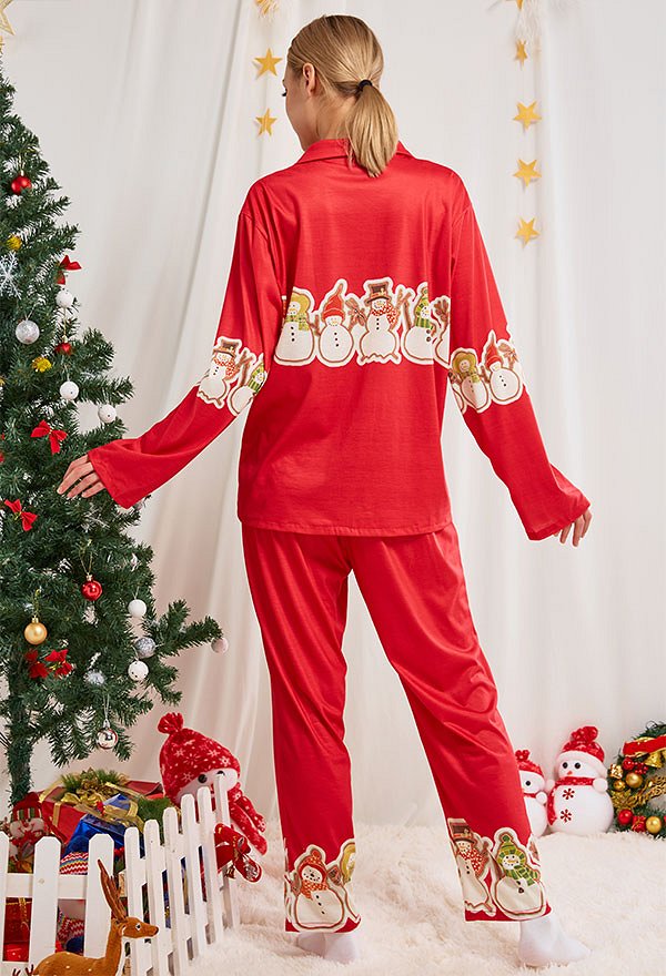 Christmas Women Adults Cartoon Arranged Snowmen Pattern Long Sleeve Plain-Weave Pajamas Set Sleepwear Lounge Sets with Pants Costume 2 Piece Outfits