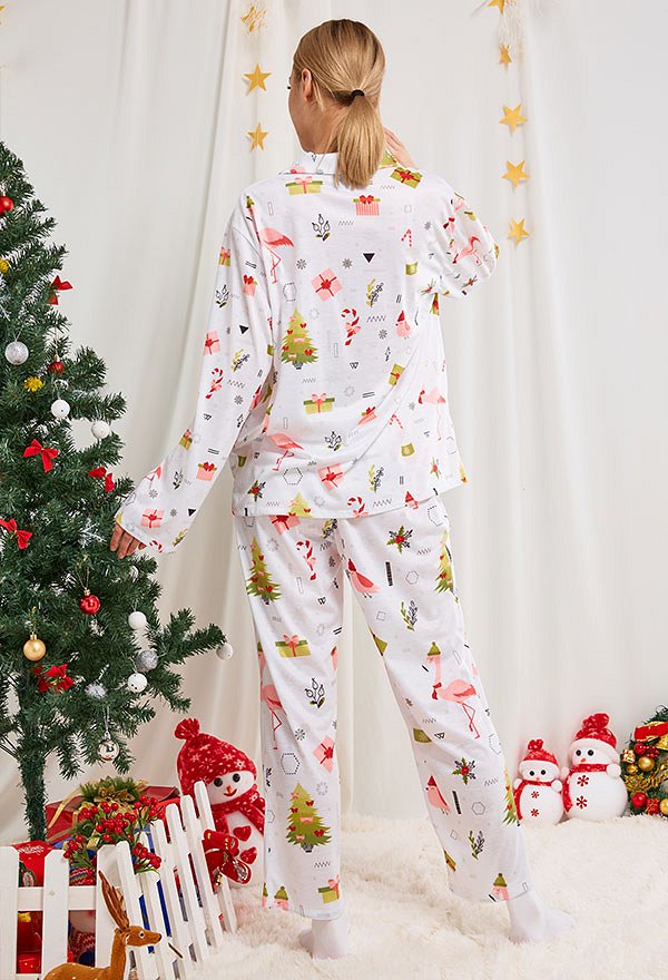Christmas Women Adults Cartoon Flamingo and Christmas Tree Pattern Long Sleeve Plain-Weave Pajamas Set Sleepwear Lounge Sets with Pants Costume 2 Piece Outfits