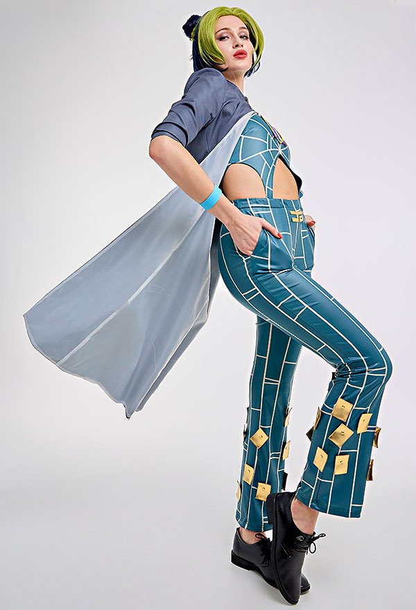 JJBA Stone Ocean Jolyne Cujo Cosplay Disfraz Estampado Top y Pantalones con Abrigo Largo JJBA Stone Ocean Jolyne Cujo Cosplay Disfraz Estampado Top y Pantalones con Abrigo Largo