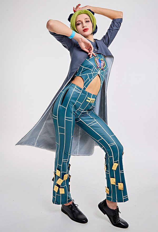 JJBA Stone Ocean Jolyne Cujo Cosplay Disfraz Estampado Top y Pantalones con Abrigo Largo JJBA Stone Ocean Jolyne Cujo Cosplay Disfraz Estampado Top y Pantalones con Abrigo Largo