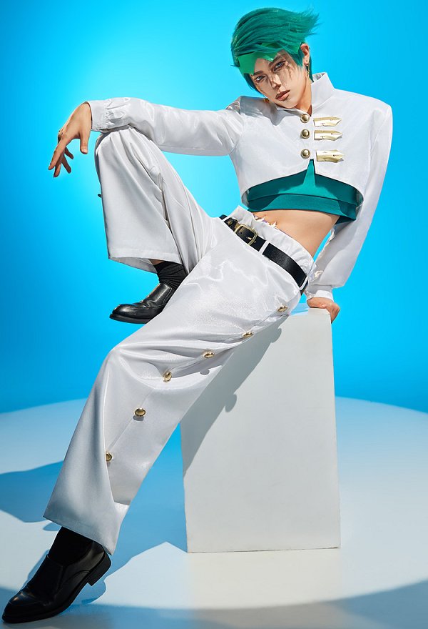 Disfraz de Cosplay de Rohan de JJBA con Chaleco y Top Corto con Pantalones y Cinturón Disfraz de Cosplay de Rohan de JJBA con Chaleco y Top Corto con Pantalones y Cinturón