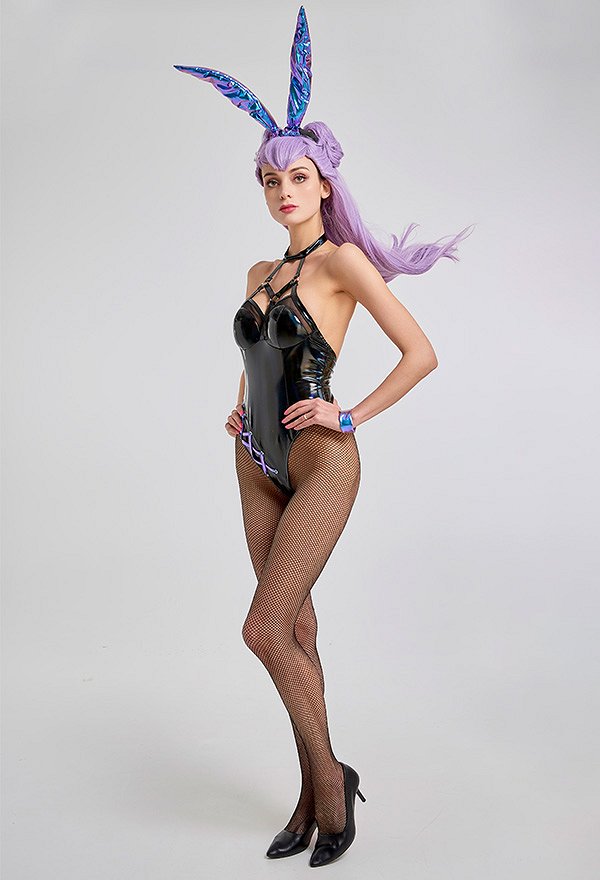 POP_STARS Evelynn Cosplay Costume with Tail Bunny Hairband Bunny Girl Bodysuit with Pantyhose