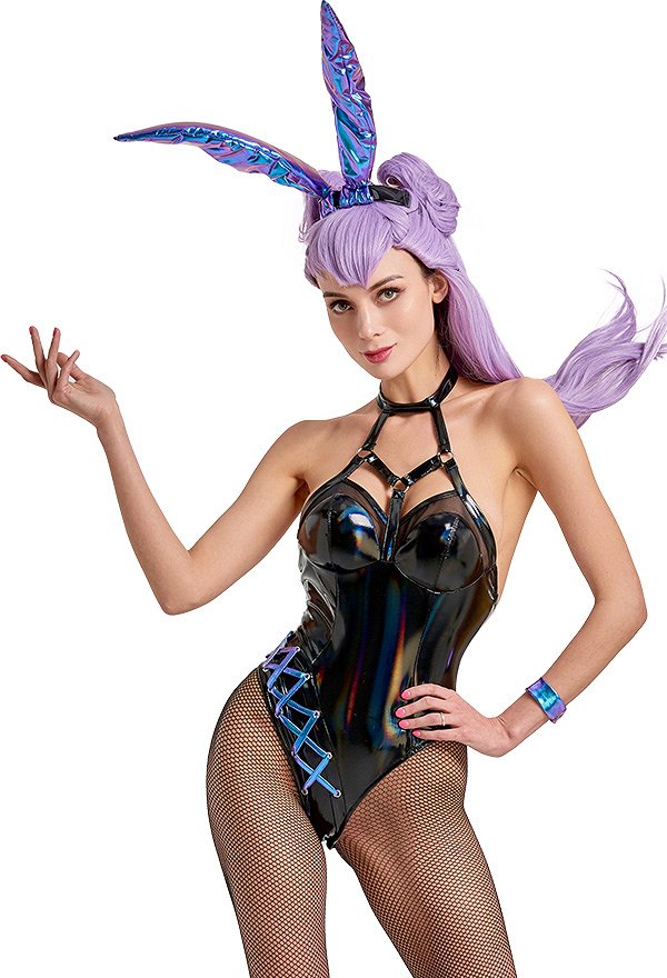 POP_STARS Evelynn Cosplay Costume with Tail Bunny Hairband Bunny Girl Bodysuit with Pantyhose