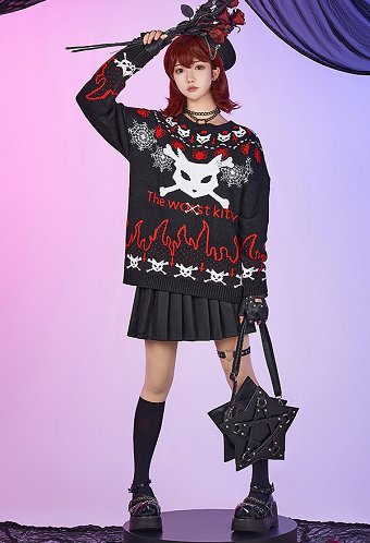 Christmas Gothic Knitted Sweater Cat Head Pattern Crew Neck Pullover Knitwear