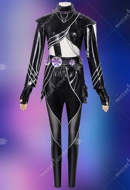 K-POP: Cazadoras de Demonios Stage Outfit Chaqueta de cuero y pantalones de cuero con cinturón y cinturilla