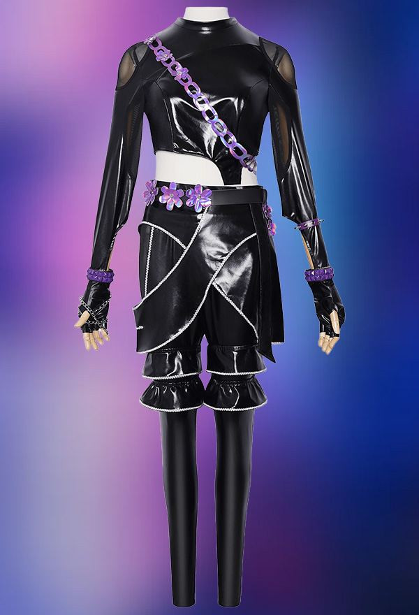 K-POP: Cazadoras de Demonios Stage Outfit Negro Chaqueta de cuero y pantalones de cuero con falda y cinturón de cuero