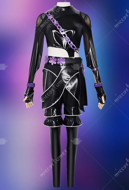 Kpop Killer Rapper Cosplay Costume combat noir Veste en cuir et pantalon en cuir avec jupe en cuir et ceinture