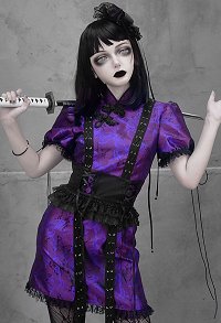 Woman Gothic Purple Butterfly Pattern Cheongsam Style Belt Lace Decorated Short Sleeved Dress Cosplay Costume Outfit