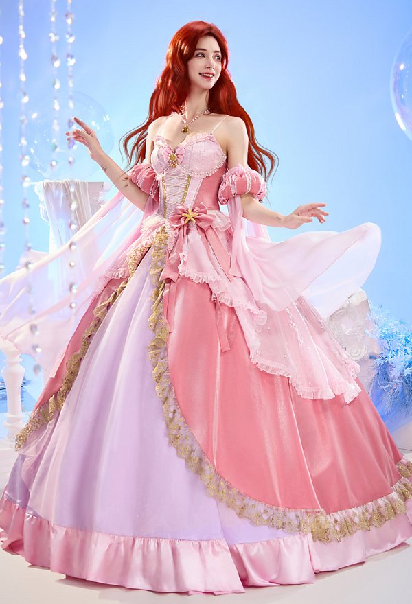 The Little Mermaid Princess Cosplay Kostüm Rosa Die kleine Meerjungfrau Kleid mit Halsstück und Ärmeln