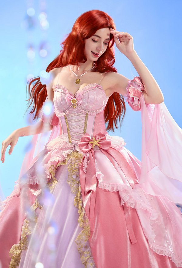 The Little Mermaid Princess Cosplay Kostüm Rosa Die kleine Meerjungfrau Kleid mit Halsstück und Ärmeln