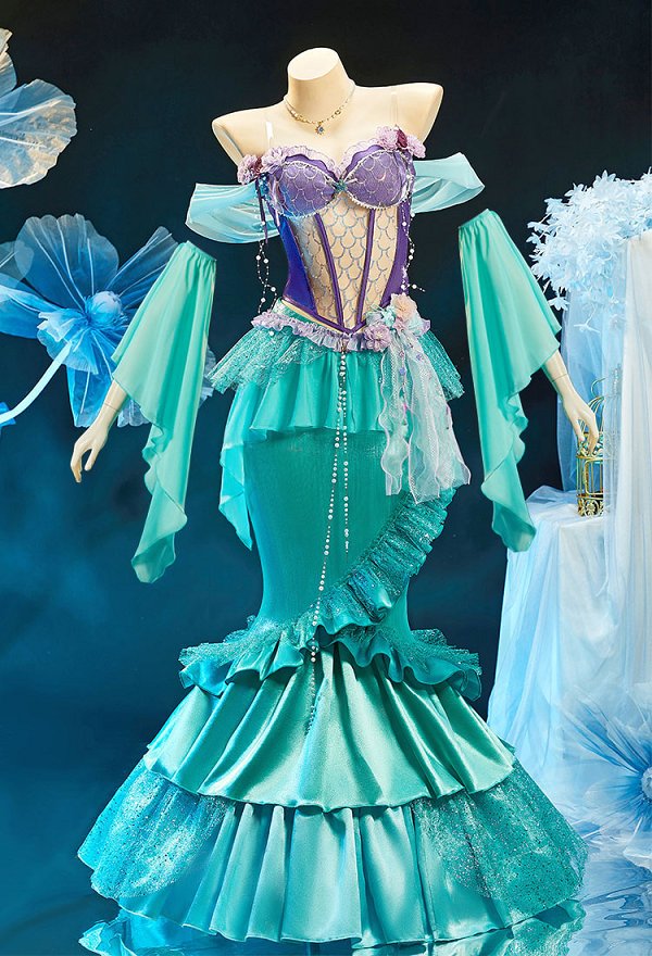 The Little Mermaid Ariel Derivative Prinzessinnenkleid Patchwork Oberteil mehrlagigem Fischschwanzrock mit Ärmeln