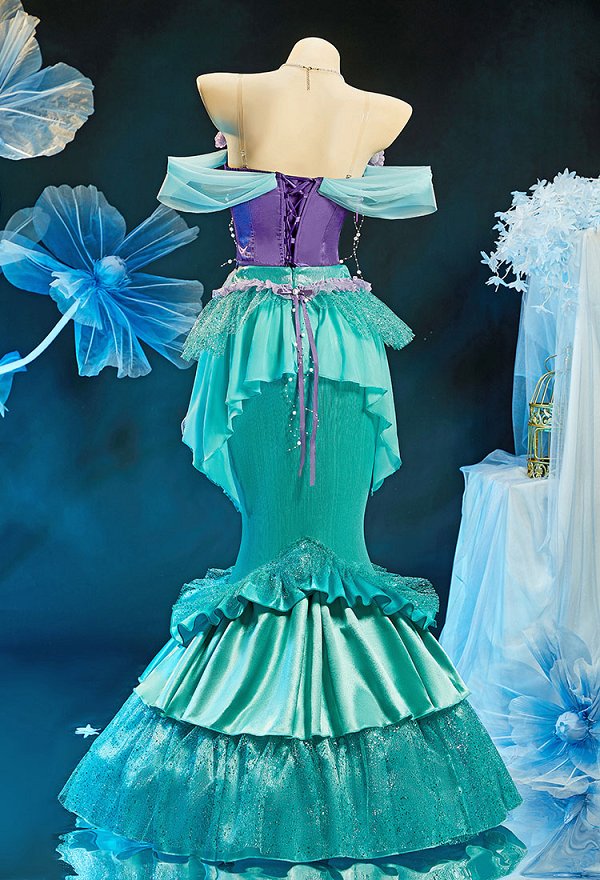 The Little Mermaid Ariel Derivative Prinzessinnenkleid Patchwork Oberteil mehrlagigem Fischschwanzrock mit Ärmeln