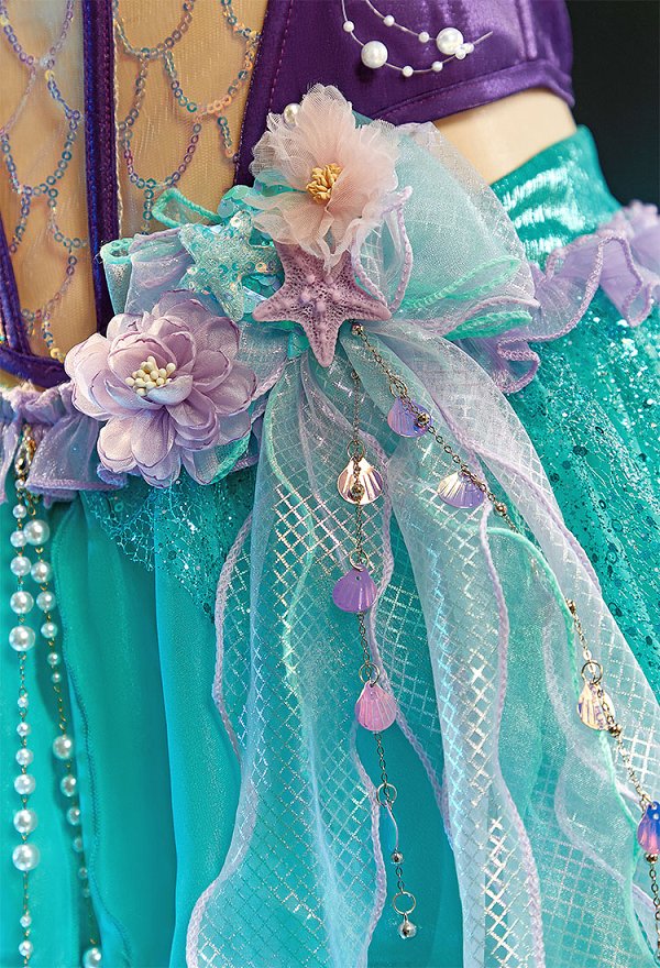 The Little Mermaid Ariel Derivative Prinzessinnenkleid Patchwork Oberteil mehrlagigem Fischschwanzrock mit Ärmeln